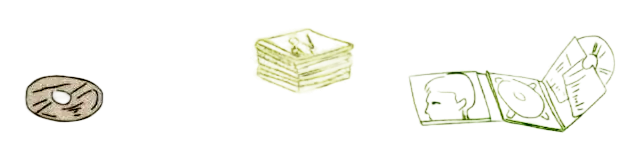 CDや開かれたCDケース、ジャケットが散らばっているイラスト
